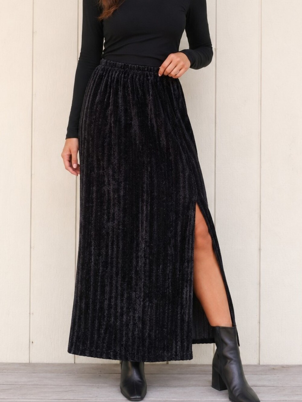 Shane Lee Inc Vintage Black Velvet Burnout Textured Maxi Skirt Side Slit Witchy
